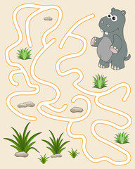 Logic Game for kids. Help the hippo find the pathway to thickets of grass. Entry and exit. Labyrinth with solution. Educational maze game with cute character hippo. Vector cartoon style illustration.