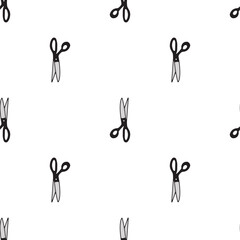 Scissor seamless pattern. Hand drawn professional pair of scissors cutting hair. Craft and scissoring. Vector print on white background