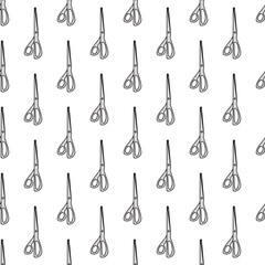 Scissor seamless pattern. Hand drawn professional pair of scissors cutting hair. Craft and scissoring. Vector print on white background