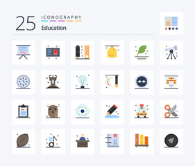 Education 25 Flat Color icon pack including hand bell. alarm. degree. scale. pencil