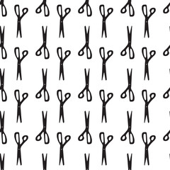 Scissor seamless pattern. Hand drawn professional pair of scissors cutting hair. Craft and scissoring. Vector print on white background