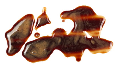 Spilled coffee with foam, stains isolated on white background, top view
