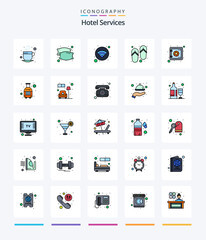 Creative Hotel Services 25 Line FIlled icon pack  Such As safe. comfort. free. wellness. slippers