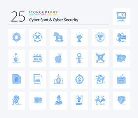 Cyber Spot And Cyber Security 25 Blue Color icon pack including prize. award. label. virus. internet