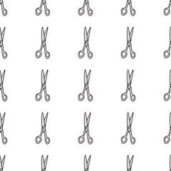Scissor seamless pattern. Hand drawn professional pair of scissors cutting hair. Craft and scissoring. Vector print on white background