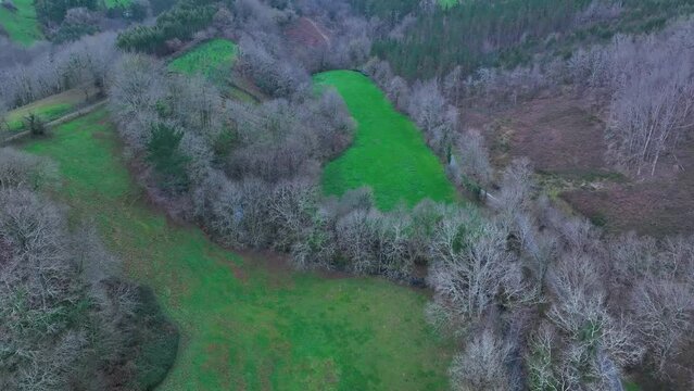 Winter landscape of the Church and the town of Pando. Aerial view from a drone. Arma&ntilde;on Natural Park. Valley of Carranza. Biscay. Basque Country. Spain. Europe