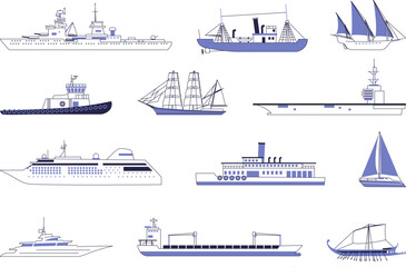 Set of ships and vessels. Vector images of sailing ships, steamships, modern ships.