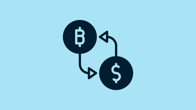 Blue Cryptocurrency exchange icon isolated on blue background. Bitcoin to dollar exchange icon. Cryptocurrency technology, mobile banking. 4K Video motion graphic animation