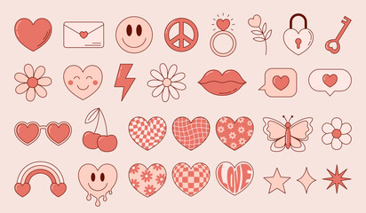 Hippie Valentines day romantic sticker collection. Groovy cute elements in trendy retro style. Vector illustration