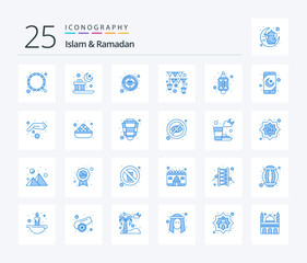 Islam And Ramadan 25 Blue Color icon pack including lantern. light. compass. religion. garland