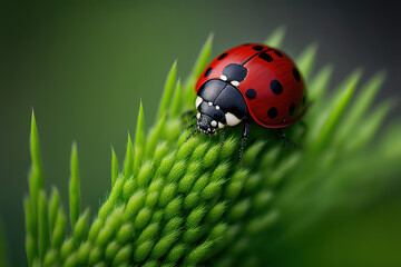 Fototapeta premium a red ladybug sitting on top of a lush green, macro animal, generative ai illustration 