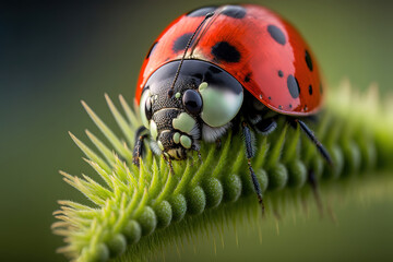 a red ladybug sitting on top of a lush green, macro animal, generative ai illustration 