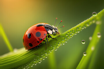 Fototapeta premium a red ladybug sitting on top of a lush green, macro animal, generative ai illustration 