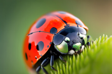 Fototapeta premium a red ladybug sitting on top of a lush green, macro animal, generative ai illustration 