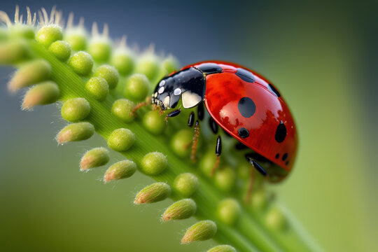 a red ladybug sitting on top of a lush green, macro animal, generative ai illustration 