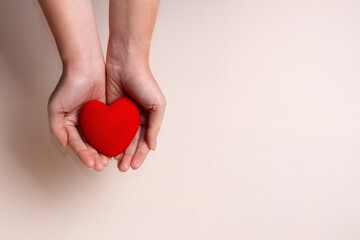 Red heart in hands. Postcard for Valentine's Day.