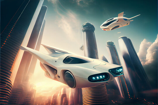 Futuristic car flying over the city created with Generative Ai