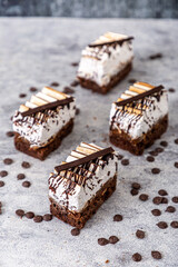 chocolate and meringue cake on marble background