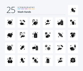 Wash Hands 25 Solid Glyph icon pack including soap. hands. soap. protect hands. washing