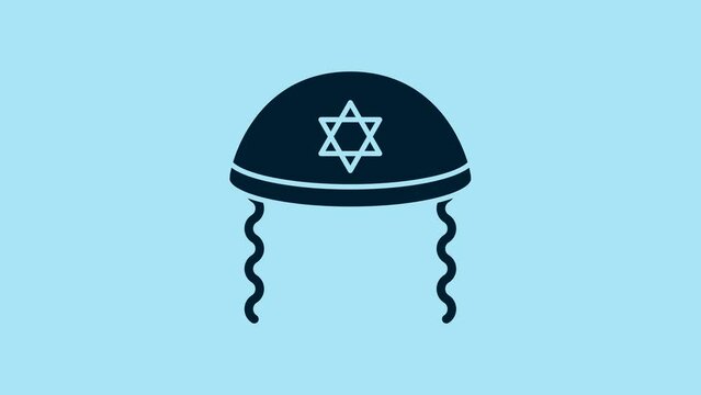 Blue Jewish kippah with star of david and sidelocks icon isolated on blue background. Jewish yarmulke hat. 4K Video motion graphic animation