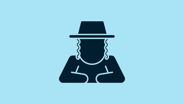 Blue Orthodox jewish hat with sidelocks icon isolated on blue background. Jewish men in the traditional clothing. Judaism symbols. 4K Video motion graphic animation