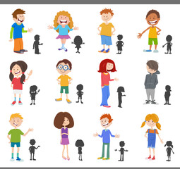 cartoon children and teens with silhouettes set