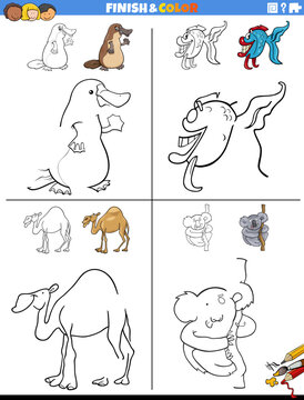 drawing and coloring worksheet with funny animals