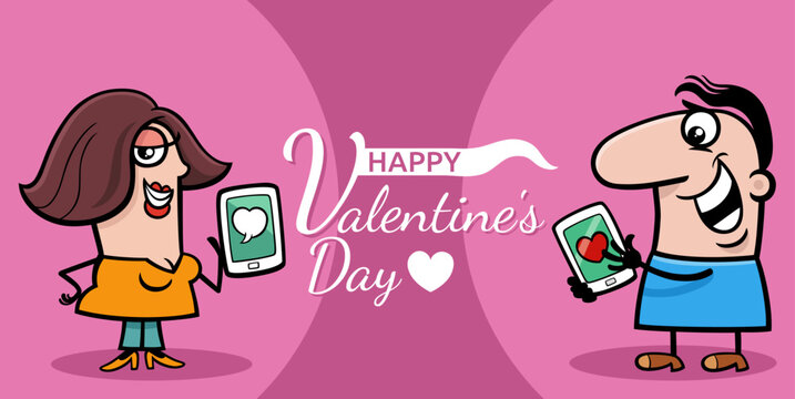 Valentines Day design with cartoon couple with phones
