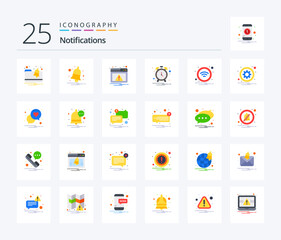 Notifications 25 Flat Color icon pack including sign. wifi. alert. technology. clock