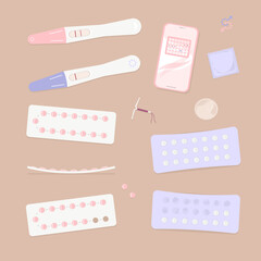 Contraception and birth control set. Flat vector illustration