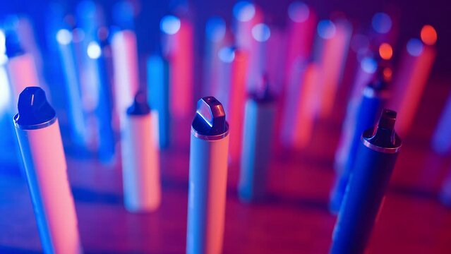 Lots of E-cigarettes and Vapes in Neon Lighting and Smoke. Concept of Bad Habits. Modern Alternative to Tobacco Products. Nicotine Addiction. Slow Motion.