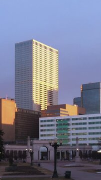 Vertical Video Denver Skyline Pink Sunrise