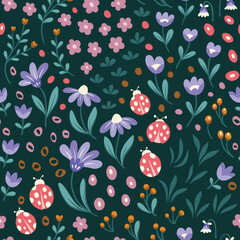 Cute vector floral seamless pattern. Colorful flowers background. Trendy repeat texture for fashion print, wallpaper or fabric. © daniela