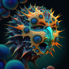 An illustrated virus with a face. AI generated art. 