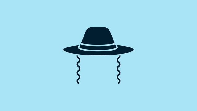 Blue Orthodox jewish hat with sidelocks icon isolated on blue background. Jewish men in the traditional clothing. Judaism symbols. 4K Video motion graphic animation