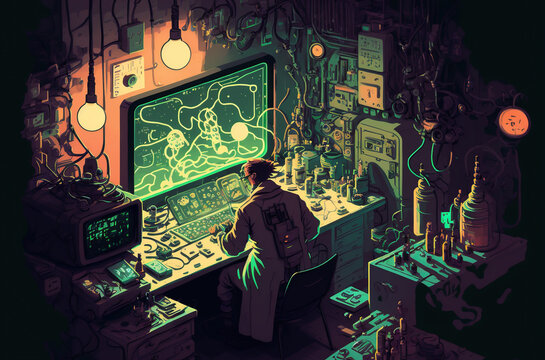 A laboratory with a scientist working on the computer. 