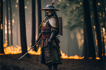 Samurai in traditional armor in the forest, Japanese warrior portrait, ai generated art - obrazy, fototapety, plakaty