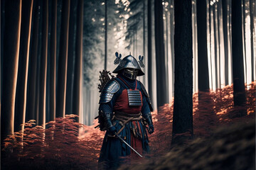 Fototapeta na wymiar Samurai in armor on the background of the forest, Japanese medieval warrior, art generated by ai