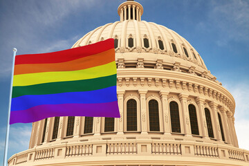 Beautiful flag of LGBT pride waving with the strong wind and behind it the dome of the Capitol USA 3D RENDER, 3D RENDERING LGBTQ, gay pride, LGBTQ+ . .