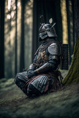 Samurai in armor in the forest, Japanese medieval warrior, ai cinematic art