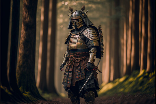 Samurai in traditional armor in the forest, Japanese warrior portrait, ai generated art