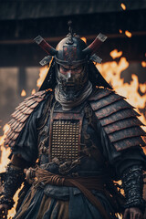 Samurai in a helmet and mask against the background of a burning ruined city, a portrait of a warrior after the battle, samurai armor, AI generated cinematic art - obrazy, fototapety, plakaty