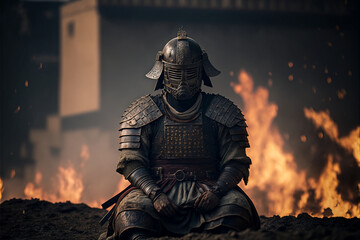 Exhausted samurai in armor, after the battle, fell to his knees, against the backdrop of a burning ruined city, art generated by AI