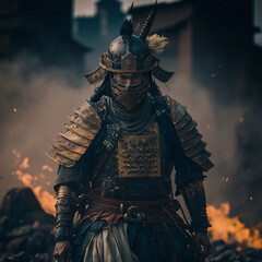 Samurai in armor and mask against the background of a burning ruined city, a portrait of a warrior after the battle, samurai armor, AI generated cinematic art - obrazy, fototapety, plakaty