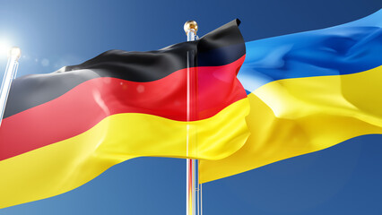 germany and ukraine flags waving in the wind against a blue sky. german, ukrainian national symbols 3d rendering