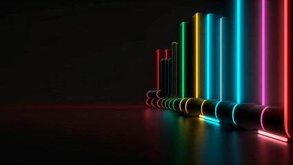 line of neon lights, various colors, 3D style, Illustration, photography, art, digital, night lights, black background