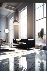 Minimalist white loft interior. Huge windows with sunlight. Designed using generative ai.