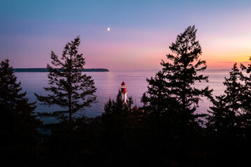 Lighthouse Park West Vancouver, aerial footage, ocean sunset, Horseshoe Bay, rocky shoreline.