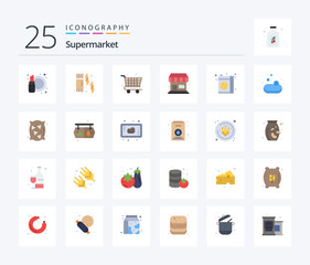 Supermarket 25 Flat Color icon pack including soup. juice. supermarket. grocery. supermarket