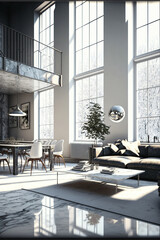 Minimalist white loft interior. Huge windows with sunlight. Designed using generative ai.